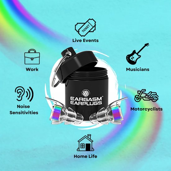 Zwarte Eargasm oordoppen koker met twee regenboog oordopjes, omringd door iconen voor muziek, werk, motorrijden en thuis.