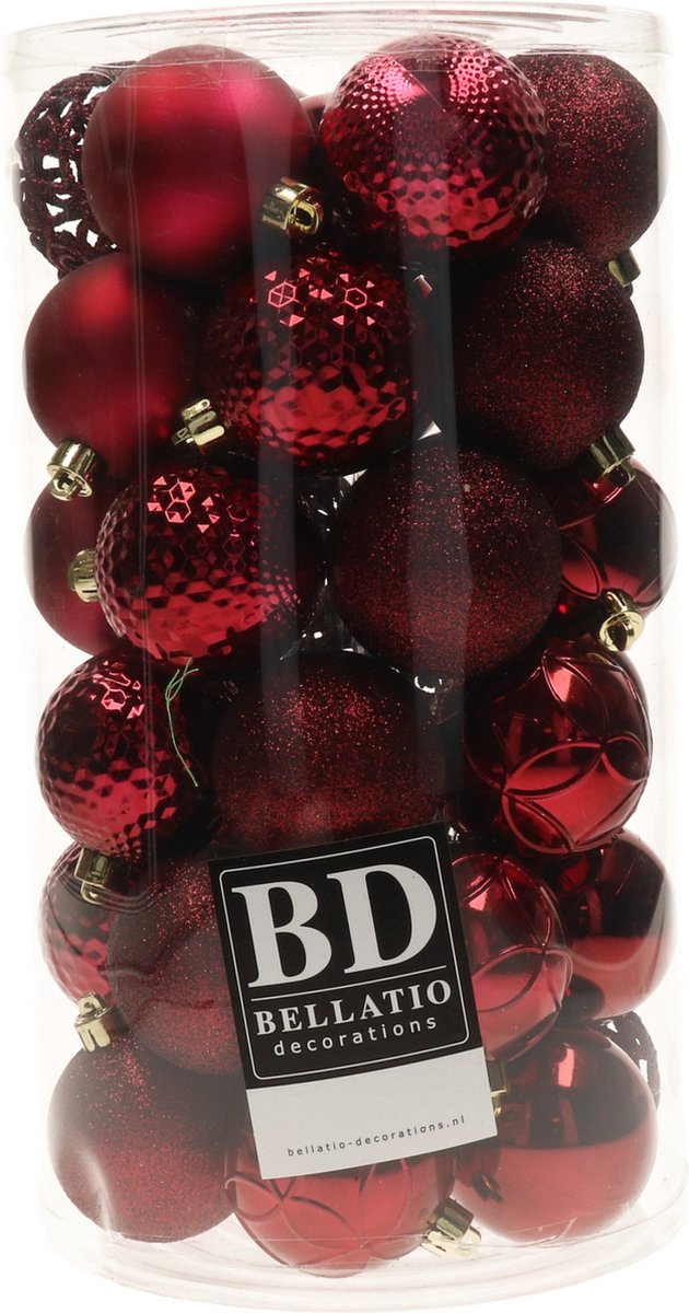 37x stuks kunststof kerstballen bordeaux rood 6 cm glans/mat/glitter mix - Kerstversiering – foto 2