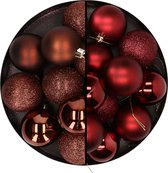 24x stuks kunststof kerstballen mix van donkerbruin en donkerrood 6 cm - Kerstversiering