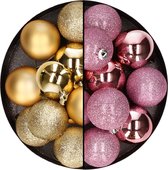 24x morceaux de boules de Noël en plastique mélange d'or et de rose 6 cm - Décorations de Noël