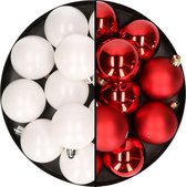 24x stuks kunststof kerstballen mix van wit en rood 6 cm - Kerstversiering