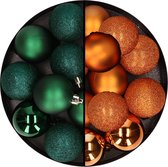 24x stuks kunststof kerstballen mix van donkergroen en oranje 6 cm - Kerstversiering
