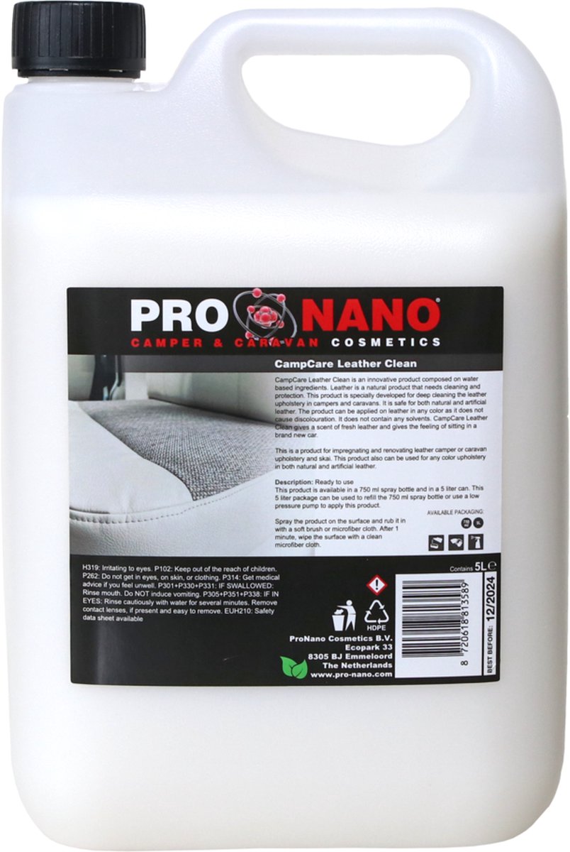 ProNano | CampCare Camper- & Caravan reinigers | Leather Clean 5L | Nano Technologie | is een innovatief product samengesteld uit ingrediënten op waterbasis | Leer is een natuurproduct dat reiniging en bescherming nodig heeft |