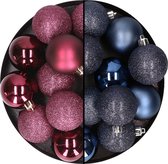 24x stuks kunststof kerstballen mix van aubergine en donkerblauw 6 cm - Kerstversiering