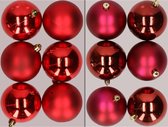 12x stuks kunststof kerstballen mix van rood en donkerrood 8 cm - Kerstversiering