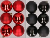 12x stuks kunststof kerstballen mix van rood en zwart 8 cm - Kerstversiering
