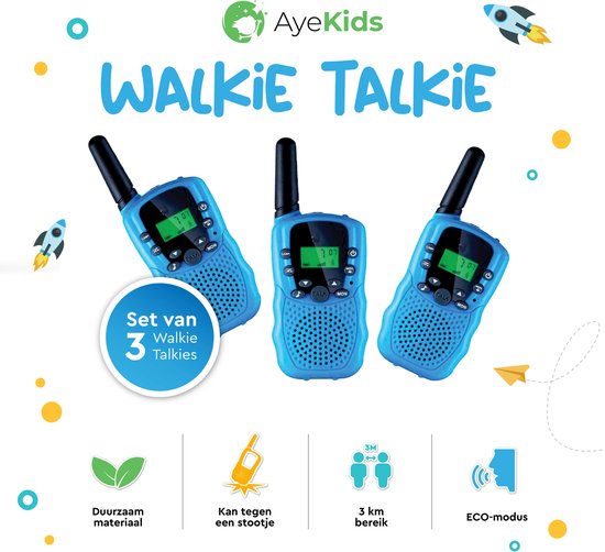 AyeKids Walkie Talkie voor Kinderen – Set van 3 Walkie Talkies - 3 KM Bereik - 22 Kanalen & 99 Sub Kanalen - Blauw