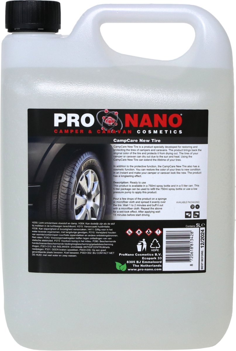ProNano | CampCare Camper- & Caravan reinigers | New Tire 5L | Nano Technologie | Is een product speciaal ontwikkeld voor het herstellen en beschermen van de banden van campers en caravans |