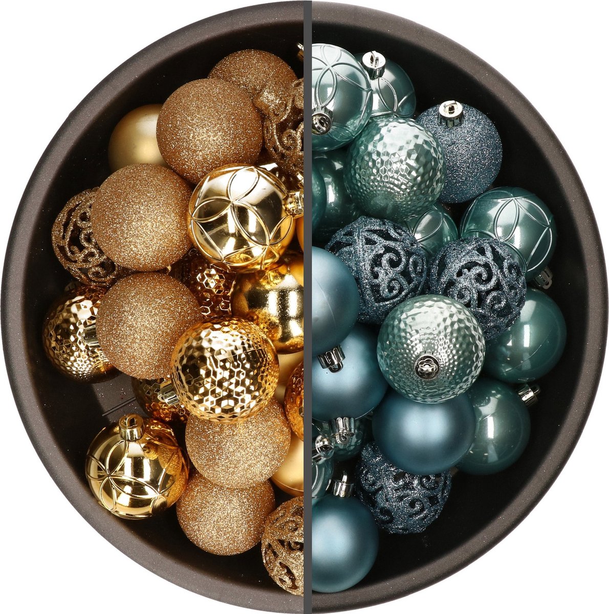Kerstballen mix ijsblauw en goudkleurig - 6 cm - kunststof