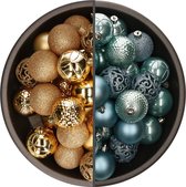 Bellatio Decorations Kerstballen mix - 74-delig - ijsblauw en goudkleurig - 6 cm - kunststof