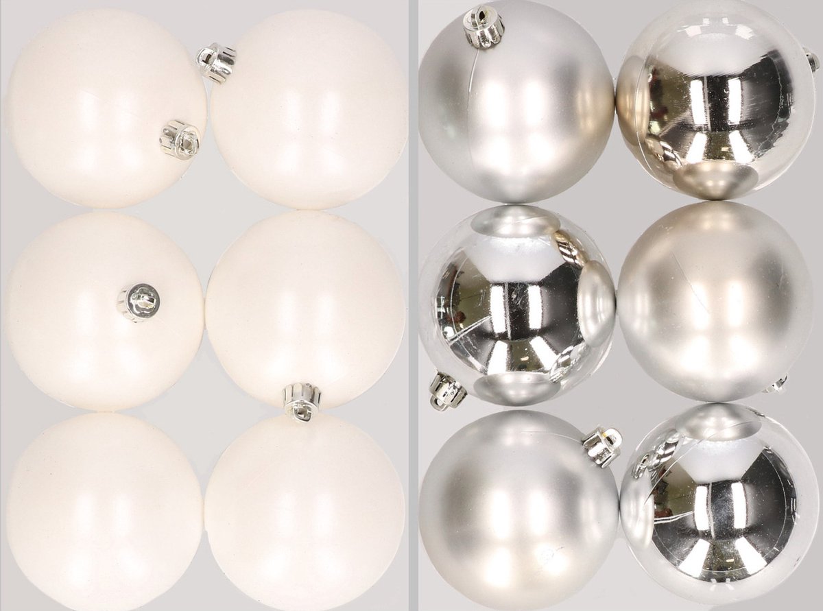 12x stuks kunststof kerstballen mix van winter wit en zilver 8 cm - Kerstversiering