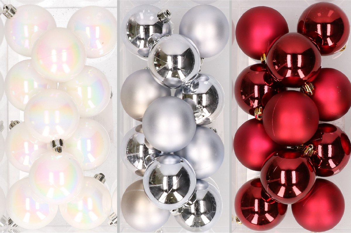 36x stuks kunststof kerstballen mix van parelmoer wit, zilver en kerstrood 6 cm - Kerstversiering