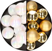 24x stuks kunststof kerstballen mix van goud en parelmoer wit 6 cm - Kerstversiering