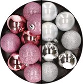 24x stuks kunststof kerstballen mix van roze en zilver 6 cm - Kerstversiering