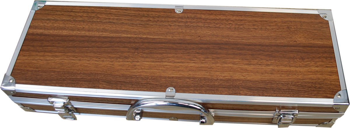 S'MART BBQ set/4, Tang, spatel, vork, mes RVS met geolied walnoothouten handgreep in luxe koffer