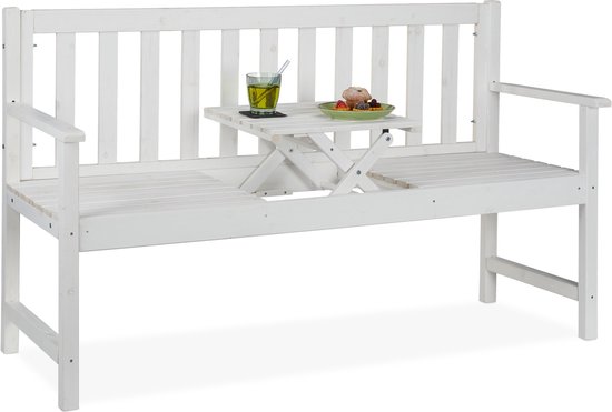 Relaxdays tuinbank met tafel - witte 3-zits balkonbank - houten zitbank  buiten - terras | bol.com