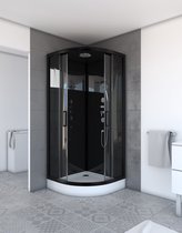 Cabine de douche Aurlane 90x90cm 1/4 rond - murs et profilés noirs + bandeau miroir - portes coulissantes - entrée d'angle - Mirror Space