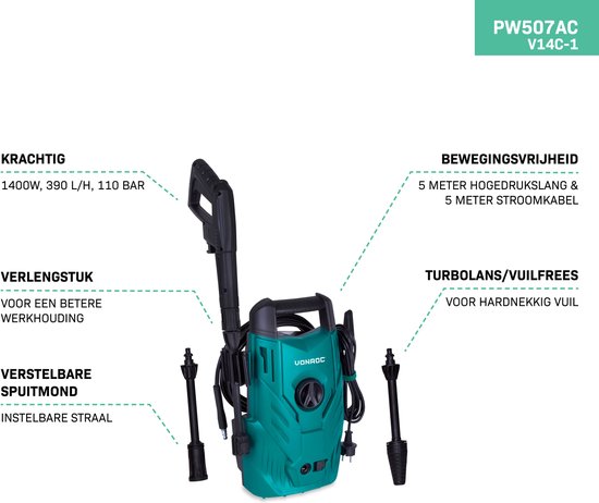 VONROC Hogedrukreiniger V14C-1 - 1400W - 110 bar - 390 l/h - Compact - Incl. 5m slang, spuitstukken en accessoires van VONROC — afbeelding 3