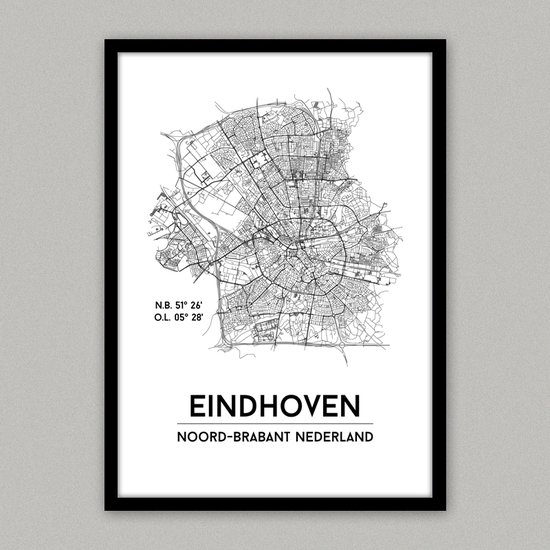 Eindhoven city poster, A3 (30x40) met lijst, plattegrond poster, woonplaatsposter, woonposter