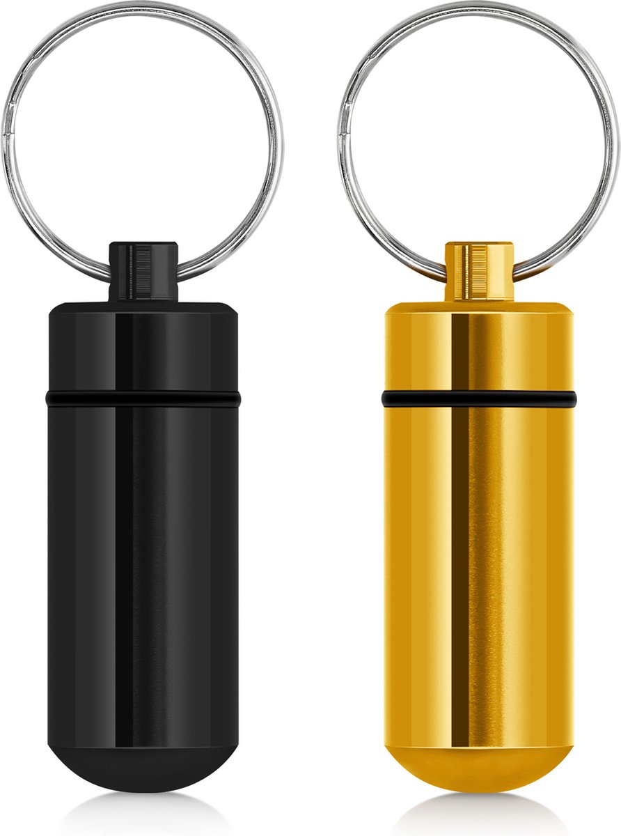 kwmobile 2 pillendoosje sleutelhanger in zwart / goud - Handig medicijndoosje voor onderweg - Pillendoosje alluminium met schroefdop