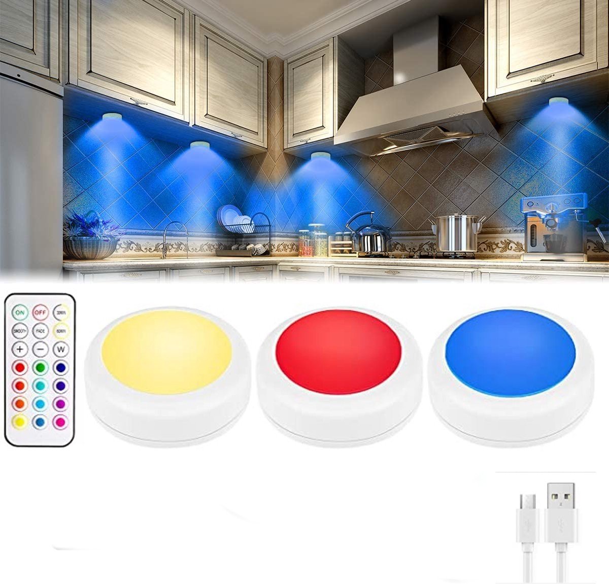 3 Stuks - Kastverlichting – RGB - Oplaadbaar – Draadloze wandlamp - Trapverlichting – Draadloze ledspot – Dimbaar – met Magneet