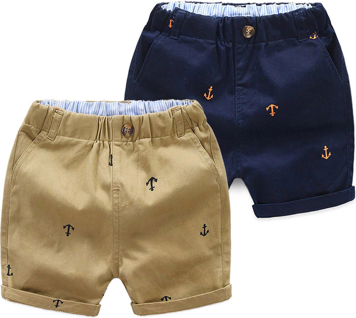 Korte broek jongens – Shorts – Ankers – Khaki en Donkerblauw – Leeftijd ca. 2 – 3 jaar – Set van 2 stuks