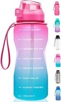FLOOQ - Bouteille d'eau - Bouteille d'eau - Bouteille de boisson sportive - Grande bouteille d'eau - Paille - 2 litres - Étanche - Marquage du temps - Bouteille d'eau de motivation - Blauw/ Rose