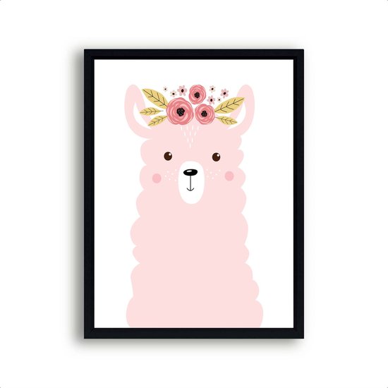 Poster Alpaca met bloemetjes - roze / Boerderij / Babykamer - Kinderkamer poster / 50x40cm