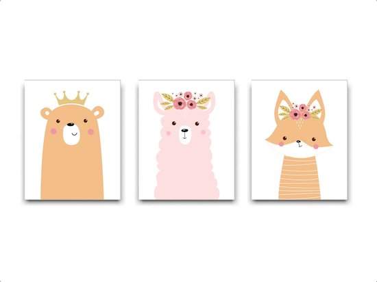 Schilderij  Set 3 Lieve beer alpaca vosje met kroontje en bloemetjes / Dieren / Babykamer - kinderkamer / 40x30cm