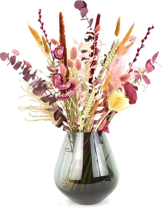 Fleurs séchées avec vase - Golden Mix avec vase fumé - 60 cm - Natuurlijk Bloemen