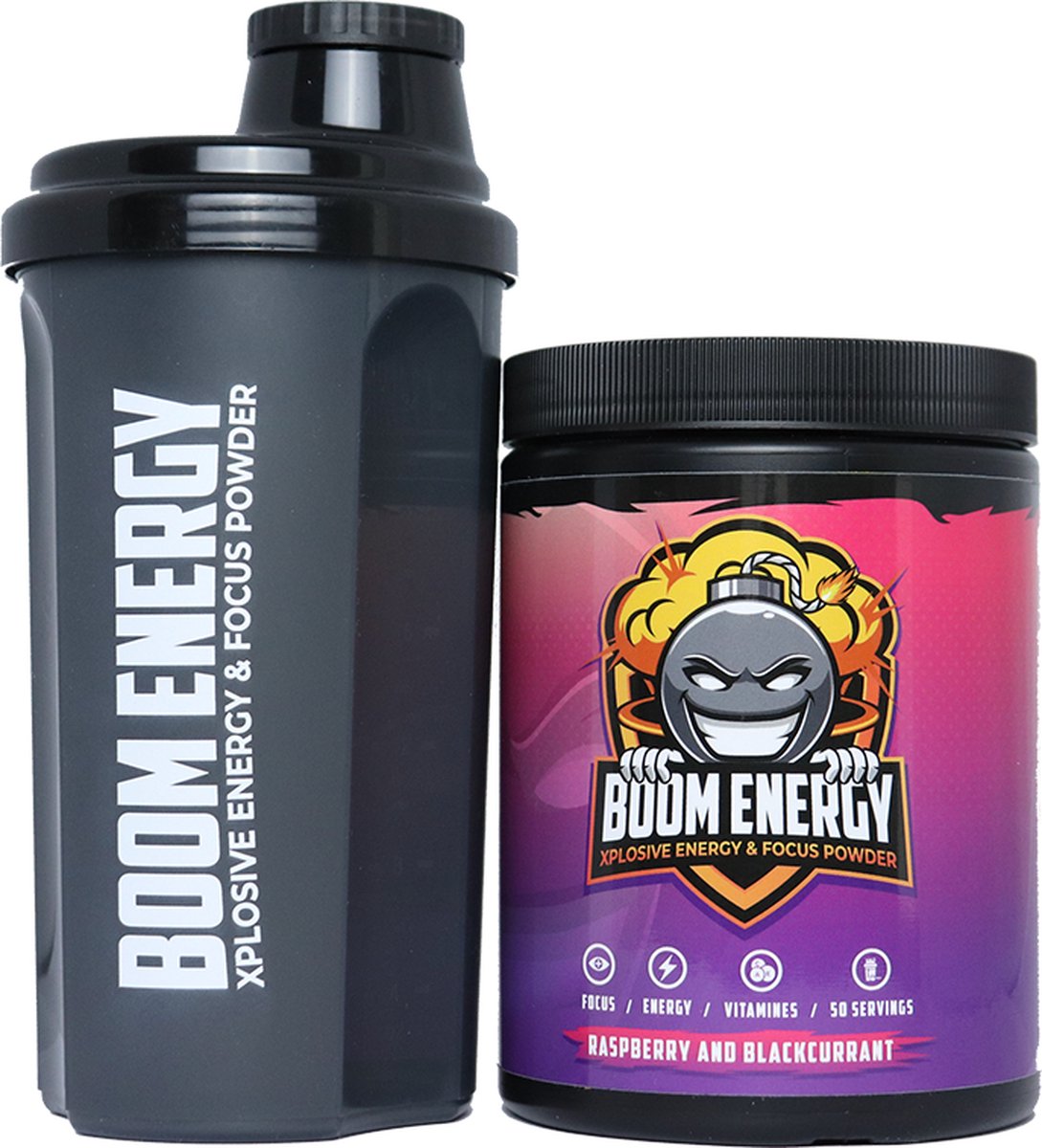 Boom Energy Framboos & Zwarte bes met shaker - Suikervrije Gaming Energy drink - Pre workout - 50 servings