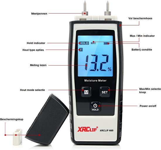 XRCLIF 660 - Houtvochtmeter - Vochtmeter Hout - Vochtmeter voor Openhaardhout - Hygrometer - Vochtigheidsmeter