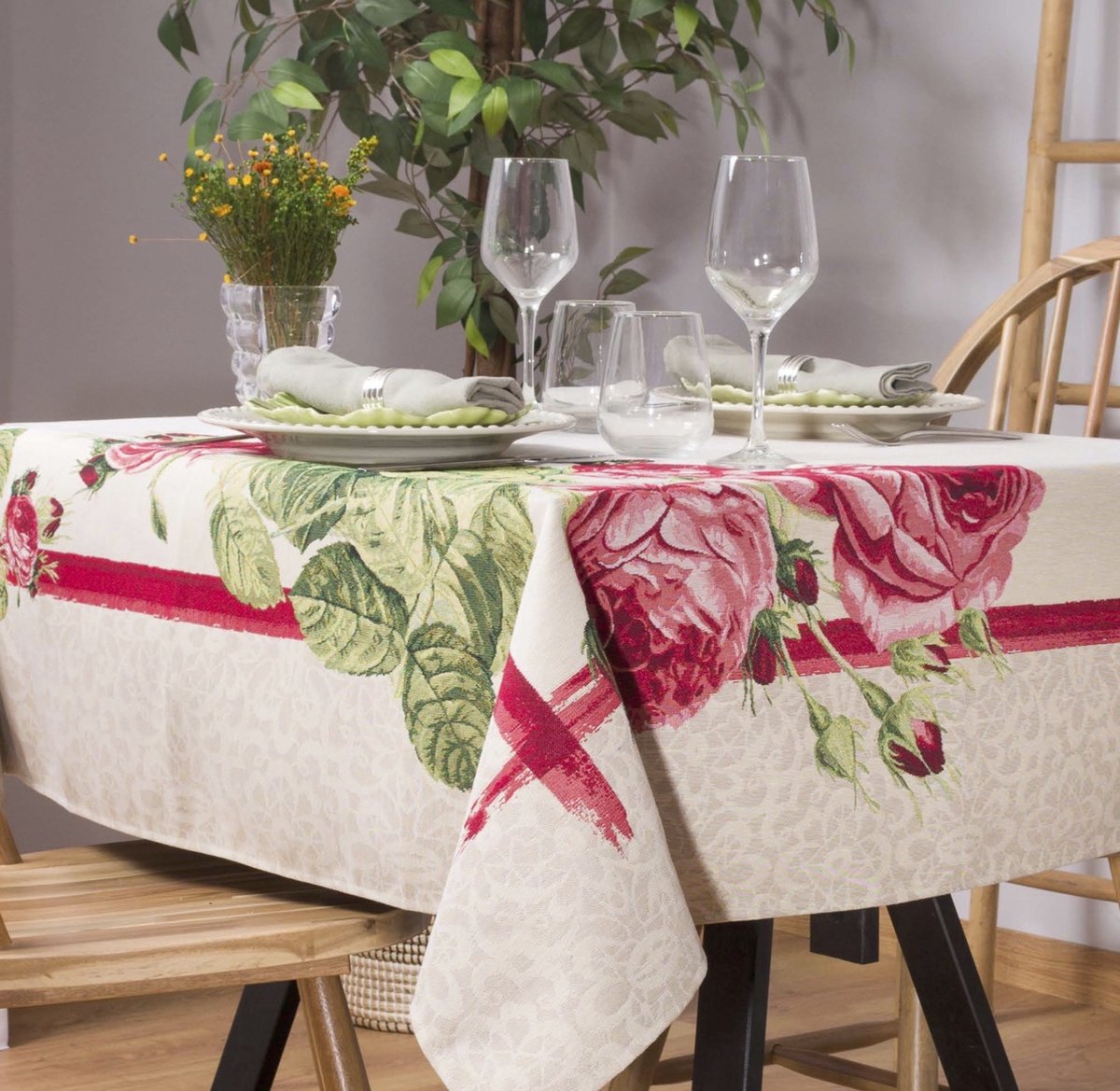 Tafelkleed - luxe gobelinstof - Rosebud - Pioenroos - 100 x 100 cm