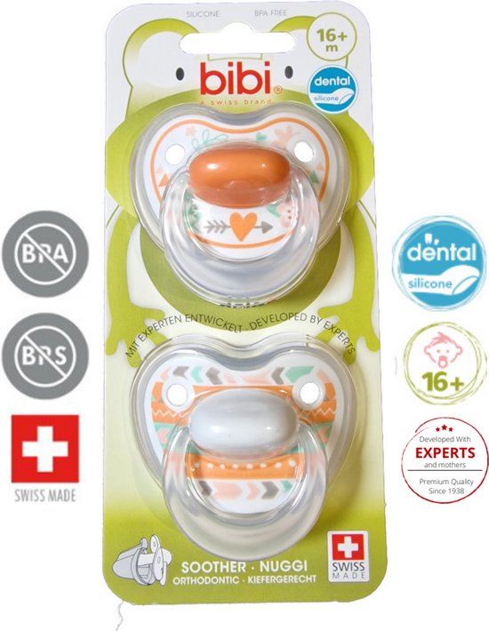 Product: Bibi Happiness Bohemian Duo Dental Fopspeen 16 maanden plus Oranje, Wit, van het merk Bibi