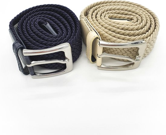 Deux ceintures tressées, une beige et une bleu marine, avec des boucles argentées.