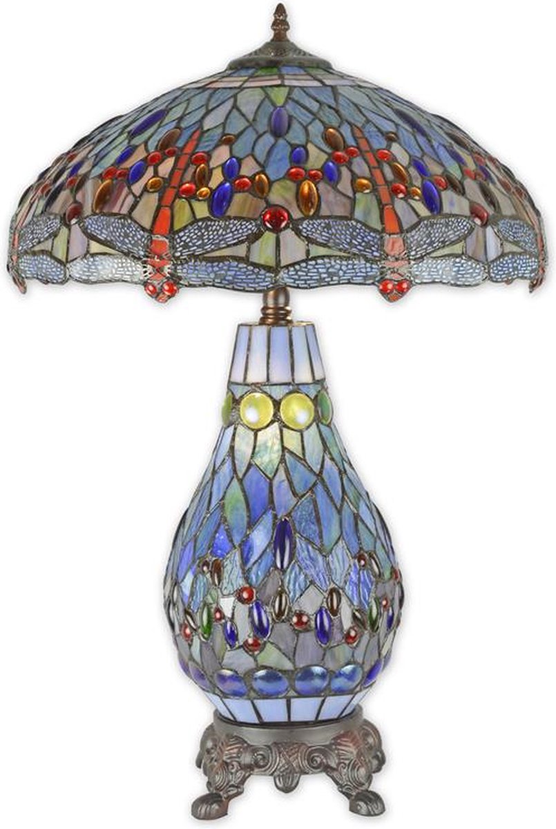 Tiffany tafellamp - Glas in lood - Libelle, blauw glas - 68 cm hoog