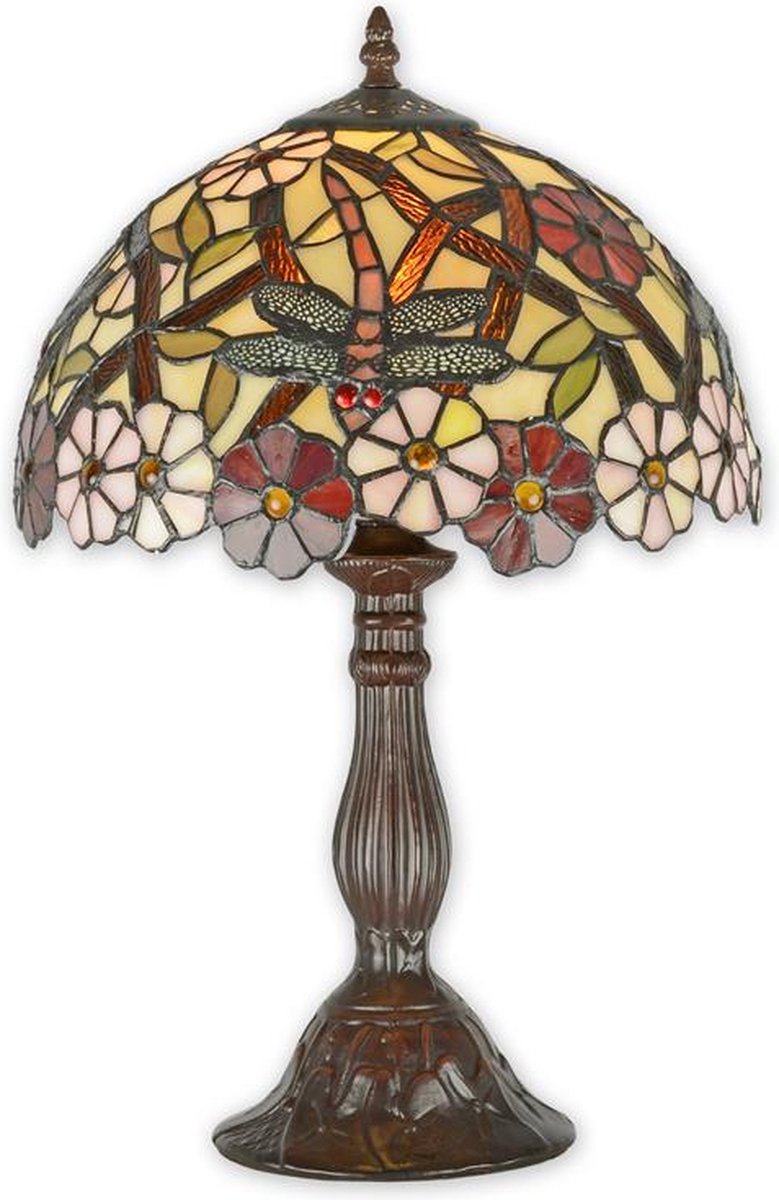 Tiffany tafellamp - Glas in lood - Libelle met bloemen - 46,5 cm hoog