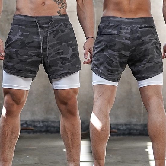 Pantalon de sport short 2 en 1 avec poche mobile pour hommes - Gris armée - Taille XL (taille Klein)