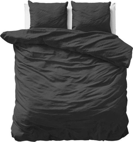 Dream Textile Uni Satin Zwart Housse de Couette Double 200x200/220cm + 2 Taies d'Oreiller - Satin de Katoen de Haute Qualité - Super Doux -