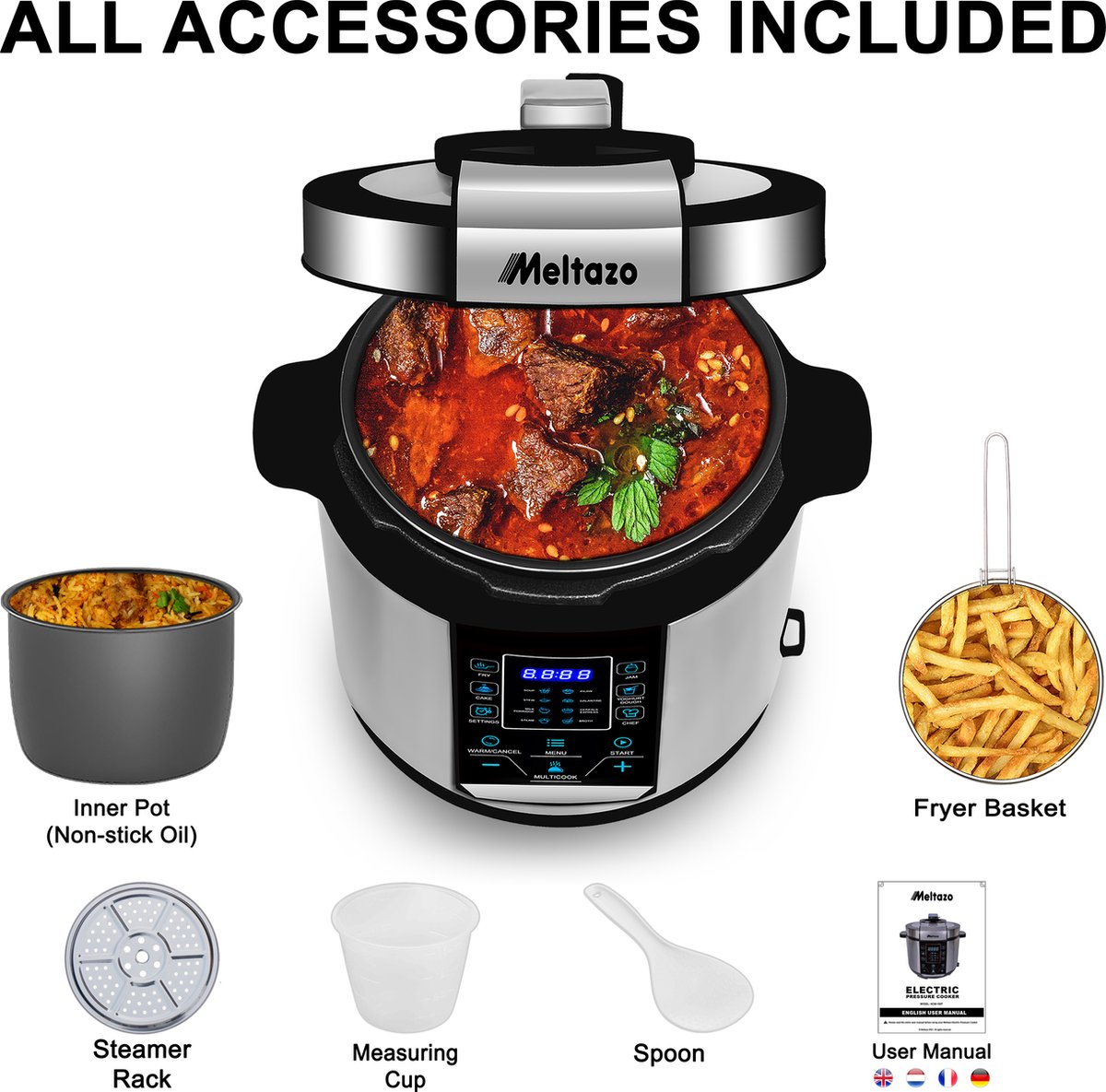 Afbeelding 2 van MELTAZO Multicooker, 6L, 14-in-1 Elektrische Snelkookpan met LED Touch Screen, Pressure Cooker Electrisch, Electric Pressure Cooker, Multicuiseur, Multi cooker, Rijstkoker, Yoghurtmaker, Slowcooker, Soepmaker, Stomer (RVS/Zwart)