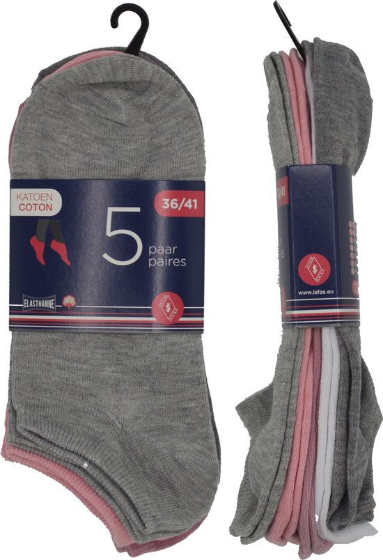 10 PAAR dames fitness sokken - katoen - 36/41 - grijs, roze & ecru - sneakersokken