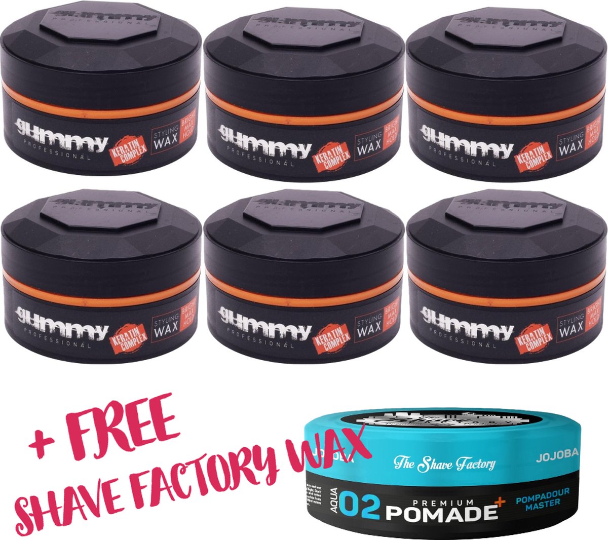 GUMMY WAX BRIGHT FINISH 6-PACK + FREE SHAVE FACTORY WAX | GUMMY POMADE | FONEX BRIGHT FINISH WAX