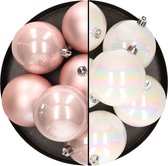 12x stuks kunststof kerstballen 8 cm mix van lichtroze en parelmoer wit - Kerstversiering