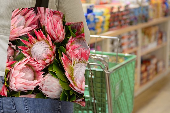 Sac bandoulière - Sac de plage - Shopper Fleurs - Rose - Protea - 40x40 cm - Sac en coton