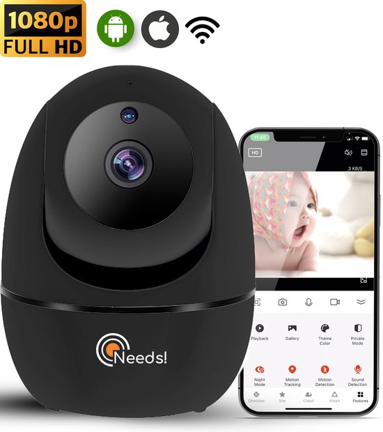 Needs!® Full HD Wifi Babyfoon met Camera WS-Q100BL PRO - En App - Camera Beveiliging – Wifi Camera – Geluid en Bewegingsdetectie - Automatisch Volgen - 1080p – Babyfoon – 4g/5g – Zwart
