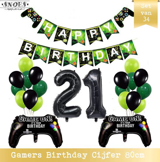 Cijfer Ballon 21 - Game Gamers Birthday Mega Ballon Pakket  - Nummer ballon - DIY Slinger Happy Birthday - Playstation Verjaardag - Game verjaardag - 80 cm nummer ballon - Gamers Verjaardag 21 Jaar - Computer Spel Verjaardag