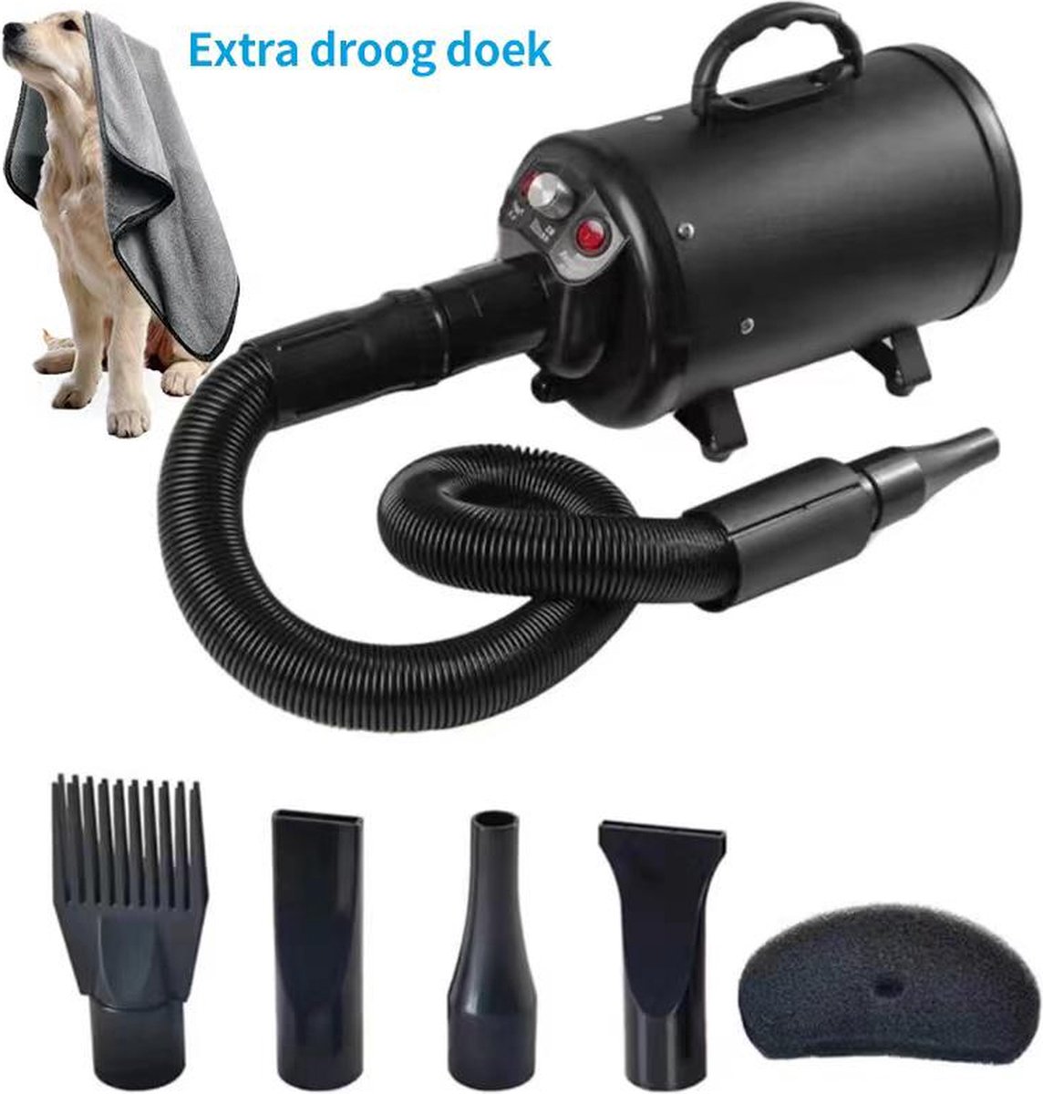 Professionele Hondenföhn met 4 Opzetstukken – Waterblazer voor Honden – Stil Design – krachtig + Extra Filter - Zwart