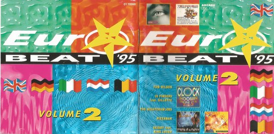 Collage van Euro Beat '95 logo's, CD-hoezen, en vlaggen van verschillende landen.