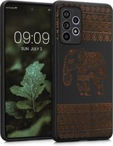 kwmobile telefoonhoesje geschikt voorSamsung Galaxy A52 / A52 5G / A52s 5G - Hoesje met bumper - walnoothout - In lichtbruin / zwart Olifant met patroon design