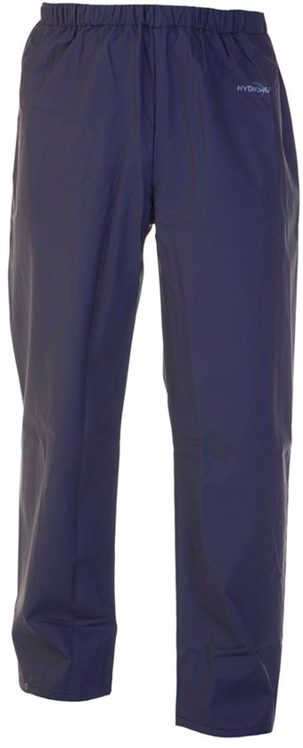 Marineblauwe regenbroek met elastische tailleband en subtiel merklogo op de linker dij.